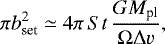 Mathematical equation: \begin{equation*} \pi b_{\textrm{set}}^2 \simeq 4\pi \,{{St}} \,\frac{GM_{\textrm{pl}}}{\Omega \Delta {v}},\end{equation*}