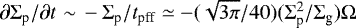 Mathematical equation: $\partial \Sigma_{\textrm{p}}/\partial t \,\,{\sim}\, - \Sigma_{\textrm{p}}/t_{\textrm{pff}} \simeq - (\sqrt{3\pi}/40)(\Sigma_{\textrm{p}}^2/\Sigma_{\textrm{g}})\Omega$