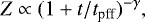 Mathematical equation: \begin{align*} Z & \propto (1 + t/t_{\textrm{pff}})^{-\gamma},\vspace*{-3pt} \end{align*}