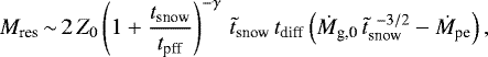 Mathematical equation: \begin{equation*} M_{\textrm{res}} \,{\sim}\, 2 \, Z_0 \left(1 + \frac{t_{\textrm{snow}}}{t_{\textrm{pff}}}\right)^{-\gamma} \, \tilde{t}_{\textrm{snow}} \, t_{\textrm{diff}} \left(\dot{M}_{\textrm{g,0}} \, \tilde{t}_{\textrm{snow}}^{\;\, -3/2} - \dot{M}_{\textrm{pe}} \right),\end{equation*}