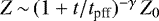 Mathematical equation: $Z \,{\sim}\, (1+t/t_{\textrm{pff}})^{-\gamma} \, Z_0$