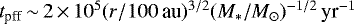 Mathematical equation: $t_{\textrm{pff}} \,{\sim}\, 2 \,{\times}\, 10^5 (r/100\,\textrm{au})^{3/2} (M_*/M_{\odot})^{-1/2}\,{\textrm{yr}^{-1}}$