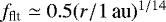Mathematical equation: $f_{\textrm{flt}} \simeq 0.5 (r/1\,\textrm{au})^{1/14}$