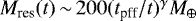 Mathematical equation: $M_{\textrm{res}}(t) \,{\sim}\, 200 (t_{\textrm{pff}}/t)^{\gamma} M_{\oplus}$