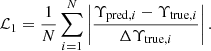 Mathematical equation: $$ \begin{aligned} \mathcal{L} _1 = \frac{1}{N}\mathop \sum \limits _{i = 1}^N \left|\frac{\Upsilon _{\mathrm{pred}, i} - \Upsilon _{\mathrm{true}, i}}{\Delta \Upsilon _{\mathrm{true}, i}}\right|. \end{aligned} $$