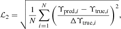 Mathematical equation: $$ \begin{aligned} \mathcal{L} _2 = \sqrt{\frac{1}{N}\mathop \sum \limits _{i = 1}^N \left( \frac{\Upsilon _{\mathrm{pred}, i} - \Upsilon _{\mathrm{true}, i}}{\Delta \Upsilon _{\mathrm{true}, i}}\right)^2}, \end{aligned} $$