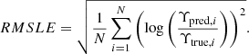 Mathematical equation: $$ \begin{aligned} RMSLE = \sqrt{ \frac{1}{N}\mathop \sum \limits _{i = 1}^N \left( \log \left( \frac{\Upsilon _{\mathrm{pred}, i}}{\Upsilon _{\mathrm{true}, i}}\right) \right)^2}. \end{aligned} $$