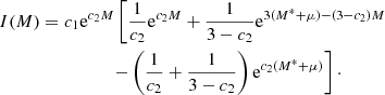 Mathematical equation: $$ \begin{aligned} I(M)&=c_1\mathrm{e}^{c_2M}\left[\frac{1}{c_2}\mathrm{e}^{c_2M}+\frac{1}{3-c_2}\mathrm{e}^{3(M^{*}+\mu )-(3-c_2)M}\right.\nonumber \\&\left.\qquad \qquad \quad -\left(\frac{1}{c_2}+\frac{1}{3-c_2}\right)\mathrm{e}^{c_2(M^{*}+\mu )}\right]\cdot \end{aligned} $$