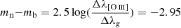 Mathematical equation: $ m_{\mathrm{n}}{-}m_{\mathrm{b}} = 2.5 \log(\frac{\Delta\lambda_\mathrm{[{\mathrm{O}\,\textsc{iii}}]}}{\Delta\lambda_{\mathit{g}}}) =-2.95 $