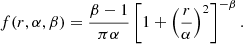 Mathematical equation: $$ \begin{aligned} f(r,\alpha ,\beta )=\frac{\beta -1}{\pi \alpha }\left[1+\left(\frac{r}{\alpha }\right)^2\right]^{-\beta }. \end{aligned} $$