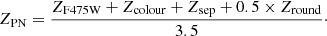Mathematical equation: $$ \begin{aligned} Z_{\rm PN} = \frac{Z_{\rm F475W} + Z_{\rm colour} + Z_{\rm sep} + 0.5 \times Z_{\rm round}}{3.5}\cdot \end{aligned} $$
