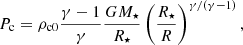 Mathematical equation: $$ P_{\rm c}=\rho _{\rm c0}\frac{\gamma -1}{\gamma } \frac{GM_\star }{R_\star }\left(\frac{R_\star }{R}\right)^{\gamma /(\gamma -1)}, $$