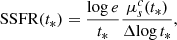Mathematical equation: $$ \begin{aligned} \mathrm{SSFR}(t_{*})=\frac{ \mathrm{{log}}\, e}{t_{*}}\frac{\mu _{s}^c(t_{*})}{\Delta \mathrm{{log}}\,t_{*}} , \end{aligned} $$