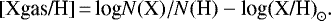 Mathematical equation: \begin{equation*} [\textrm{Xgas/H}] \,{=}\, {{\textrm{log}{{N}(\textrm{X})/{N}(\textrm{H})}} - \textrm{log(X/H)}}_{\odot}. \end{equation*}