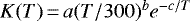 Mathematical equation: $ K(T)\,{=}\,a (T/300)^b e^{-c/T}$