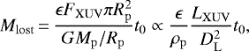 Mathematical equation: \begin{equation*}M_{\mathrm{lost}}\,{=}\,\frac{\epsilon F_{\mathrm{XUV}} \pi R_{\mathrm{p}}^2}{G M_{\mathrm{p}}/{R_{\mathrm{p}}}}t_{\mathrm{0}} \propto \frac{\epsilon}{\rho_{\mathrm{p}}} \frac{L_{\mathrm{XUV}}}{D_{\mathrm{L}}^2}t_{\mathrm{0}}, \end{equation*}