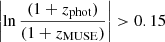 Mathematical equation: $$ \begin{aligned} \left| \ln \frac{(1+z_{\mathrm{phot} })}{(1+z_{\mathrm{MUSE} })} \right| > 0.15 \end{aligned} $$