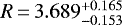 Mathematical equation: $R\,{=}\,3.689^{+0.165}_{-0.153}$