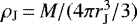 Mathematical equation: $\rho_{\textrm{J}}\,{=}\,M/(4\pi r_{\textrm{J}}^3/3)$