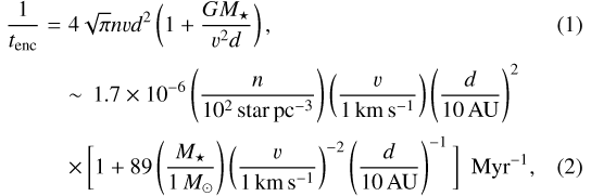 Mathematical equation: \begin{eqnarray*} \frac{1}{t_{\textrm{enc}}} &=& 4\sqrt{\pi} n v d^2 \left(1 + \frac{GM_{\star}}{v^2 d} \right),\\[2pt]&&\sim\, 1.7 \times 10^{-6} \left(\frac{n}{10^2\,\textrm{star\,pc}^{-3}}\right) \left(\frac{v}{1\,\textrm{km\,s}^{-1}}\right) \left(\frac{d}{{10\,\rm AU}}\right)^2 \nonumber\\[2pt] &&\times\, \bigg[ 1 + 89 \left(\frac{M_{\star}}{1\,M_{\odot}}\right) \left(\frac{v}{1\,\textrm{km\,s}^{-1}}\right)^{-2} \left(\frac{d}{{10\,\rm AU}}\right)^{-1} \bigg]\,\,\,\textrm{Myr}^{-1}, \vspace*{-2pt}\end{eqnarray*}
