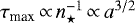 Mathematical equation: $\tau_{\textrm{max}} \,{\propto}\, n_{\star}^{-1} \,{\propto}\, a^{3/2}$