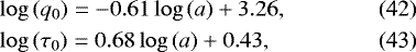 Mathematical equation: \begin{align}\hspace*{-2pt} & \log \left( q_{0} \right) = - 0.61 \log \left( a \right) + 3.26, \\ \hspace*{-2pt} & \log \left( \tau_{0} \right) = 0.68 \log \left( a \right) + 0.43, \end{align}