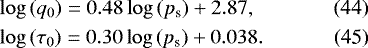 Mathematical equation: \begin{align}\hspace*{-2pt} & \log \left( q_{0} \right) = 0.48 \log \left( {p_{\textrm{s}}} \right) + 2.87, \\\hspace*{-2pt} & \log \left( \tau_{0} \right) = 0.30 \log \left( {p_{\textrm{s}}} \right) + 0.038. \end{align}
