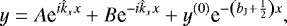 Mathematical equation: \begin{equation*} y = A {\textrm{e}}^{i \hat{k}_{x} x} + B {\textrm{e}}^{ - i \hat{k}_{x} x} + y^{\left( 0 \right)} {\textrm{e}}^{- \left( b_{\textrm{J}} + \frac{1}{2} \right) x}, \end{equation*}