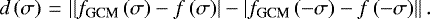 Mathematical equation: \begin{equation*} d \left( \sigma \right)\,{=}\,\left| \left| f_{\textrm{GCM}} \left( \sigma \right) - f \left( \sigma \right) \right| - \left| f_{\textrm{GCM}} \left( - \sigma \right) - f \left(- \sigma \right) \right| \right|. \end{equation*}