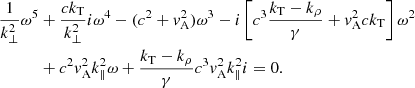 Mathematical equation: $$ \begin{aligned} \begin{aligned} \frac{1}{k_\bot ^2}\omega ^5&+ \frac{ck_{\rm T}}{k_\bot ^2}i\omega ^4 - (c^2 + v_{\rm A}^2)\omega ^3 - i\left[c^3\frac{k_{\rm T} - k_\rho }{\gamma } + v_{\rm A}^2ck_{\rm T}\right]\omega ^2 \\&+ c^2v_{\rm A}^2k_\parallel ^2\omega + \frac{k_{\rm T} - k_\rho }{\gamma }c^3v_{\rm A}^2k_\parallel ^2 i = 0. \end{aligned} \end{aligned} $$