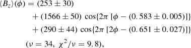 Mathematical equation: $$ \begin{aligned} \langle B_z\rangle (\phi )&=(253\pm 30)\nonumber \\&\;\;+(1566\pm 50)\,\cos \{2\pi \,[\phi -(0.583\pm 0.005)]\}\nonumber \\&\;\;+(290\pm 44)\,\cos \{2\pi \,[2\phi -(0.651\pm 0.027)]\}\nonumber \\&(\nu =34,\ \chi ^2/\nu =9.8),\end{aligned} $$