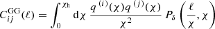 Mathematical equation: $$ \begin{aligned} C^{{\mathrm{GG}}}_{ij} (\ell ) = \int ^{\chi _{\mathrm{h}}}_{0} \mathrm{d}\chi \, \frac{q^{\, (i)}(\chi )q^{\, (j)}(\chi )}{\chi ^{2}} \, P_{\delta }\left(\frac{\ell }{\chi }, \chi \right) \end{aligned} $$