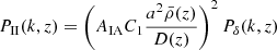 Mathematical equation: $$ \begin{aligned} P_{{\mathrm{II}}}(k, z) = \left(A_{\mathrm{IA} } C_{1} \frac{a^{2} \bar{\rho }(z)}{D(z)}\right)^{2} P_{\delta }(k, z) \end{aligned} $$
