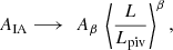 Mathematical equation: $$ \begin{aligned} A_{\mathrm{IA} } \longrightarrow \, \, A_{\beta } \, \left\langle \frac{L}{L_{{\mathrm{piv}}}} \right\rangle ^{\beta }, \end{aligned} $$