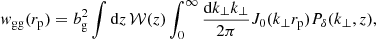 Mathematical equation: $$ \begin{aligned} w_{{\mathrm{gg}}}(r_{\rm p}) = b_{\rm g}^{2}\int \mathrm{d}z \, {\mathcal{W} }(z) \int ^{\infty }_{0} \frac{\mathrm{d}k_{\perp }k_{\perp }}{2\pi } J_{0}(k_{\perp }r_{\rm p}) P_{\delta }(k_{\perp }, z) , \end{aligned} $$