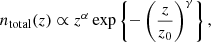 Mathematical equation: $$ \begin{aligned} n_{\mathrm{total} }(z) \propto z^{\alpha }\, \mathrm{exp} \left\{ - \left( \frac{z}{z_{0}} \right) ^{\gamma } \right\} , \end{aligned} $$