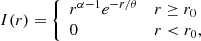 Mathematical equation: $$ \begin{aligned} I (r) = {\left\{ \begin{array}{ll} r^{\alpha -1} e^{-r/\theta }&r \ge r_0 \\ 0&r < r_0, \end{array}\right.} \end{aligned} $$