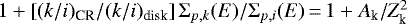 Mathematical equation: $1+\left[(k/i)_{\textrm{CR}}/(k/i)_{\textrm{disk}}\right]\Sigma_{p,k}(E)/\Sigma_{p,i}(E)\,{=}\,1+A_{\textrm{k}}/Z_{\textrm{k}}^2$