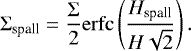 Mathematical equation: \begin{equation*} \Sigma_{\textrm{spall}}=\frac{\Sigma}{2}\mathrm{erfc}\left(\frac{H_{\textrm{spall}}}{H\sqrt{2}}\right). \end{equation*}