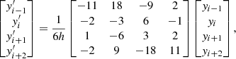Mathematical equation: $$ \begin{aligned} \begin{bmatrix} y^{\prime }_{i-1} \\ y^{\prime }_i \\ y^{\prime }_{i+1} \\ y^{\prime }_{i+2} \end{bmatrix}=\frac{1}{6h} \begin{bmatrix} -11&18&-9&2 \\ -2&-3&6&-1 \\ 1&-6&3&2 \\ -2&9&-18&11 \end{bmatrix} \begin{bmatrix} y_{i-1} \\ y_i \\ y_{i+1} \\ y_{i+2} \end{bmatrix}, \end{aligned} $$