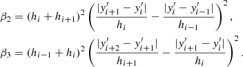 Mathematical equation: $$ \begin{aligned} \beta _2&= (h_i+h_{i+1})^2\left(\frac{|y^{\prime }_{i+1}-y^{\prime }_{i}|}{h_i}-\frac{|y^{\prime }_{i}-y^{\prime }_{i-1}|}{h_{i-1}}\right)^2,\nonumber \\ \beta _3&= (h_{i-1}+h_i)^2\left(\frac{|y^{\prime }_{i+2}-y^{\prime }_{i+1}|}{h_{i+1}}-\frac{|y^{\prime }_{i+1}-y^{\prime }_{i}|}{h_i}\right)^2. \end{aligned} $$