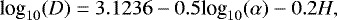 Mathematical equation: \begin{equation*}\textrm{log}_{10}(D)= 3.1236 - 0.5 \textrm{log}_{10}(\alpha) - 0.2H ,\end{equation*}