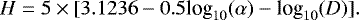 Mathematical equation: \begin{equation*}H = 5 \times [3.1236 - 0.5 \textrm{log}_{10}(\alpha)-\textrm{log}_{10}(D)].\end{equation*}