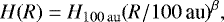 Mathematical equation: \begin{equation*}H(R) = H_{\mathrm{100\,au}} (R/100\,\text{au})^{\beta}, \end{equation*}