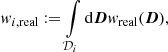 Mathematical equation: $$ \begin{aligned} w_{i,\mathrm{real}} := \int \limits _{\mathcal{D} _i} \mathrm{d}{\boldsymbol{D}} w_{\rm real}({\boldsymbol{D}}), \end{aligned} $$