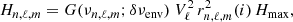 Mathematical equation: $$ \begin{aligned} H_{n,\ell ,m} = G(\nu _{n,\ell ,m}; \delta \nu _{\rm env}) \; V_{\ell }^2 \, r_{n,\ell ,m}^2 (i )\, H_{\rm max} , \end{aligned} $$
