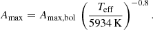 Mathematical equation: $$ \begin{aligned} A_{\rm max} = A_{\rm max, bol} \, \left(\frac{T_{\mathrm{eff}}}{5934\,\mathrm{K}} \right)^{-0.8}. \end{aligned} $$