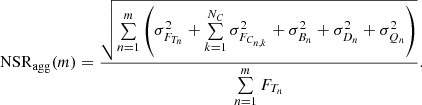 Mathematical equation: $$ \begin{aligned} \mathrm{NSR} _{\rm agg}(m) = \frac{\sqrt{\sum \limits _{n=1}^{m} \left( \sigma ^2_{F_{T_{n}}} + \sum \limits _{k=1}^{N_C} \sigma ^2_{F_{C_{n,k}}} + \sigma ^2_{B_{n}} + \sigma ^2_{D_{n}} + \sigma ^2_{Q_{n}} \right)}}{ \sum \limits _{n=1}^{m} F_{T_{n}}}. \end{aligned} $$