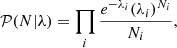 Mathematical equation: $$ \begin{aligned} \mathcal{P} (N|\lambda ) = \prod _i \frac{e^{-\lambda _i}(\lambda _i)^{N_i}}{N_i} , \end{aligned} $$