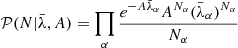 Mathematical equation: $$ \begin{aligned} \mathcal{P} (N|\bar{\lambda },A)&= \prod _\alpha \frac{e^{-A \bar{\lambda }_\alpha }A^{N_\alpha } (\bar{\lambda }_\alpha )^{N_\alpha }}{N_\alpha } \end{aligned} $$